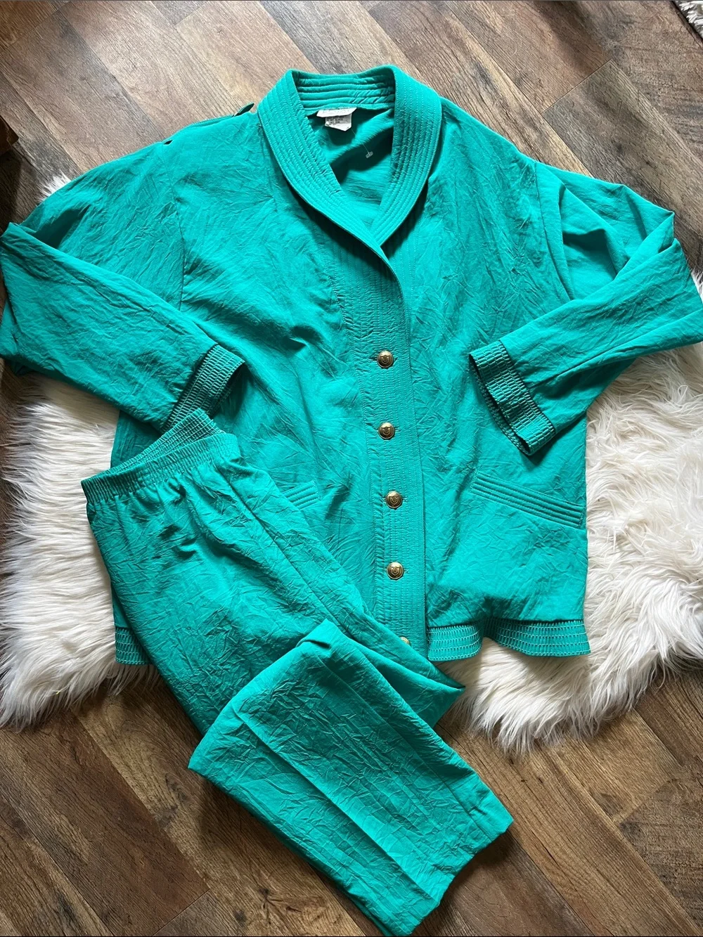 Vintage 90s Teal Crinkle Lounge Set Coastal Grandma Resort Wear Matching Set